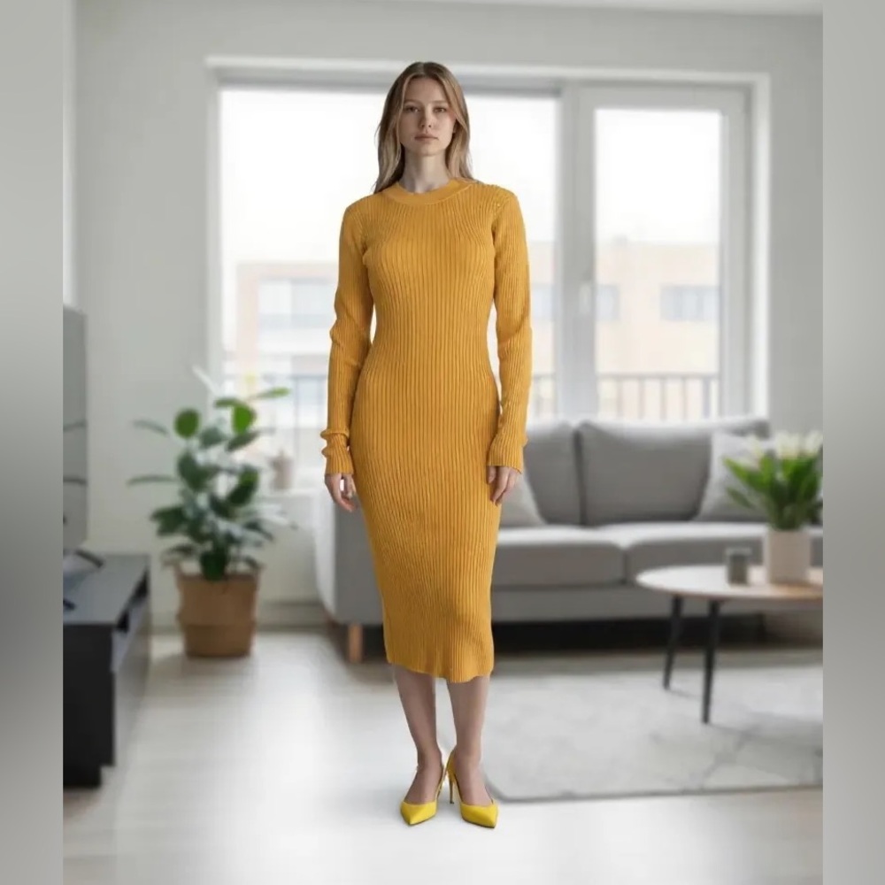 NWT Mad for Love Mustard Yellow Ribbed Bodycon Sweater Dress Size M